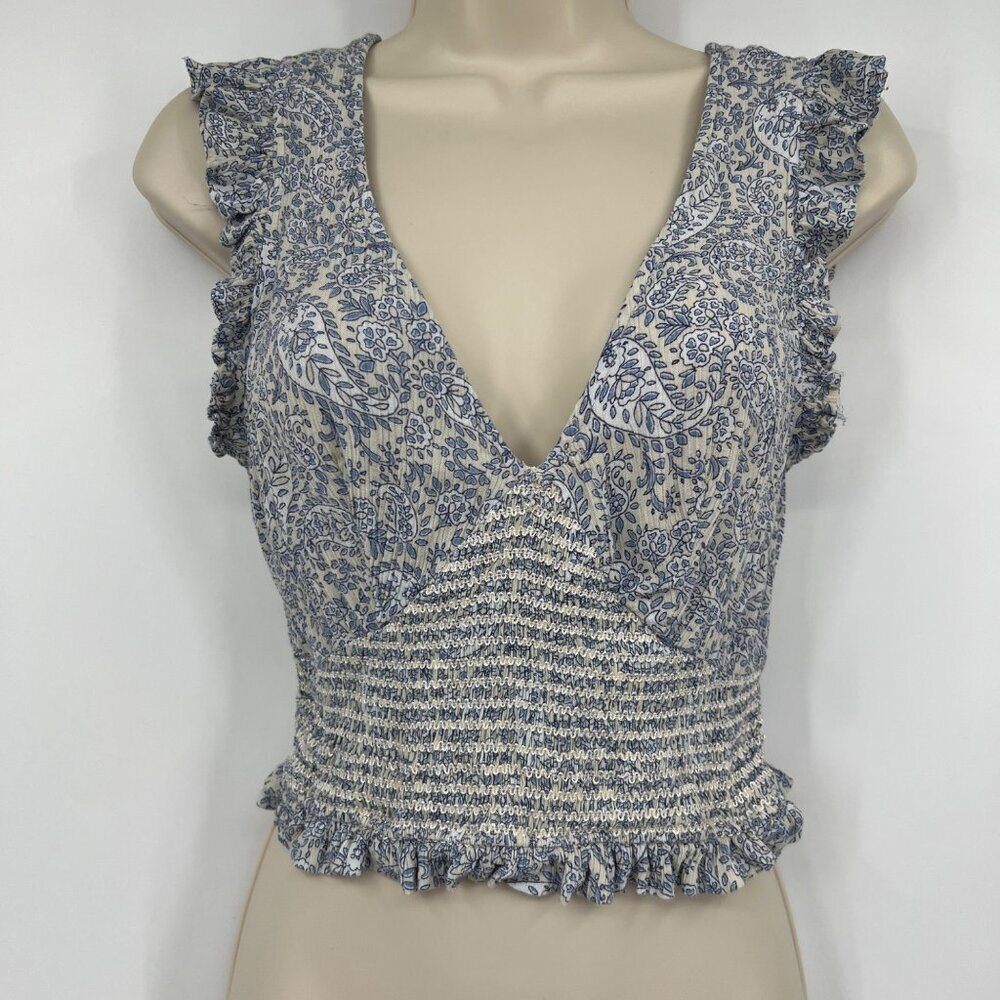 Patrons of Peace crop Top woman's size small blue white smocking ruffles
